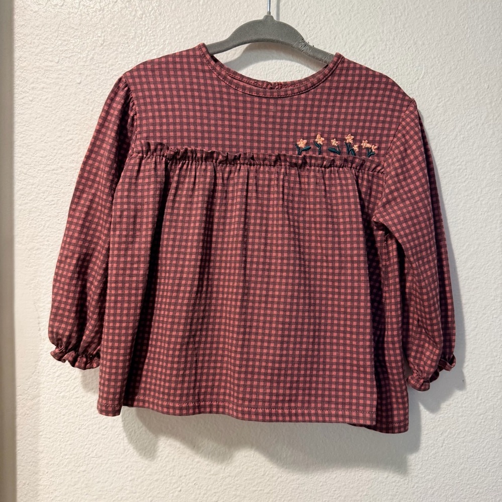 Zara Baby Girl Embroidered Floral Gingham T-Shirt Mauve
